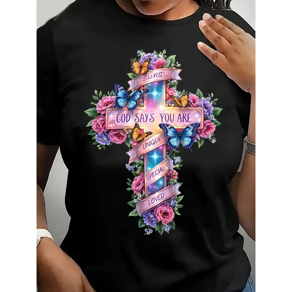 Oversized Graphic Tee Women'S Christian Faith Theme T-Shirt- Floral Butterfly Cross Print with Inspirational Bible Verses(God Says You Are Loved, Especially Beautiful)- Breathable Short Sleeve Round Neck Casual Top, Comfortable Pullover Over,custom,tiedye