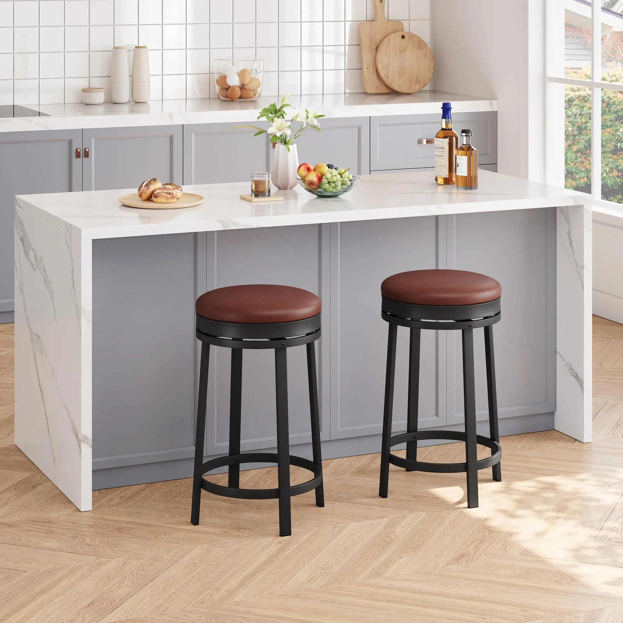 2-Piece Modern Backless 360° Swivel Counter Height Stools, 24" Without Arms, PU Leather Seat & Footrest Easy-Clean Chairs for Home Bar