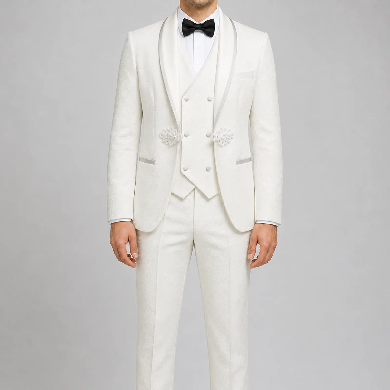 Men's 3-Piece Polyester Tuxedo Suit Set - Patterned Shawl Lapel Blazer, Fitted Cut Double-Breasted Vest, Medium Length Ornament Print Pants, Bow Tie Incl. for Wedding Prom
