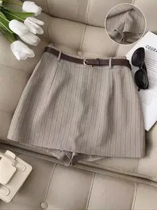 Women's High-Waisted Belted Fitted Skirt, Soft Texture Striped Woven Fabric, Casual Commuter Fashion, Spring & Fall Half Skirt Womenswear Bottom