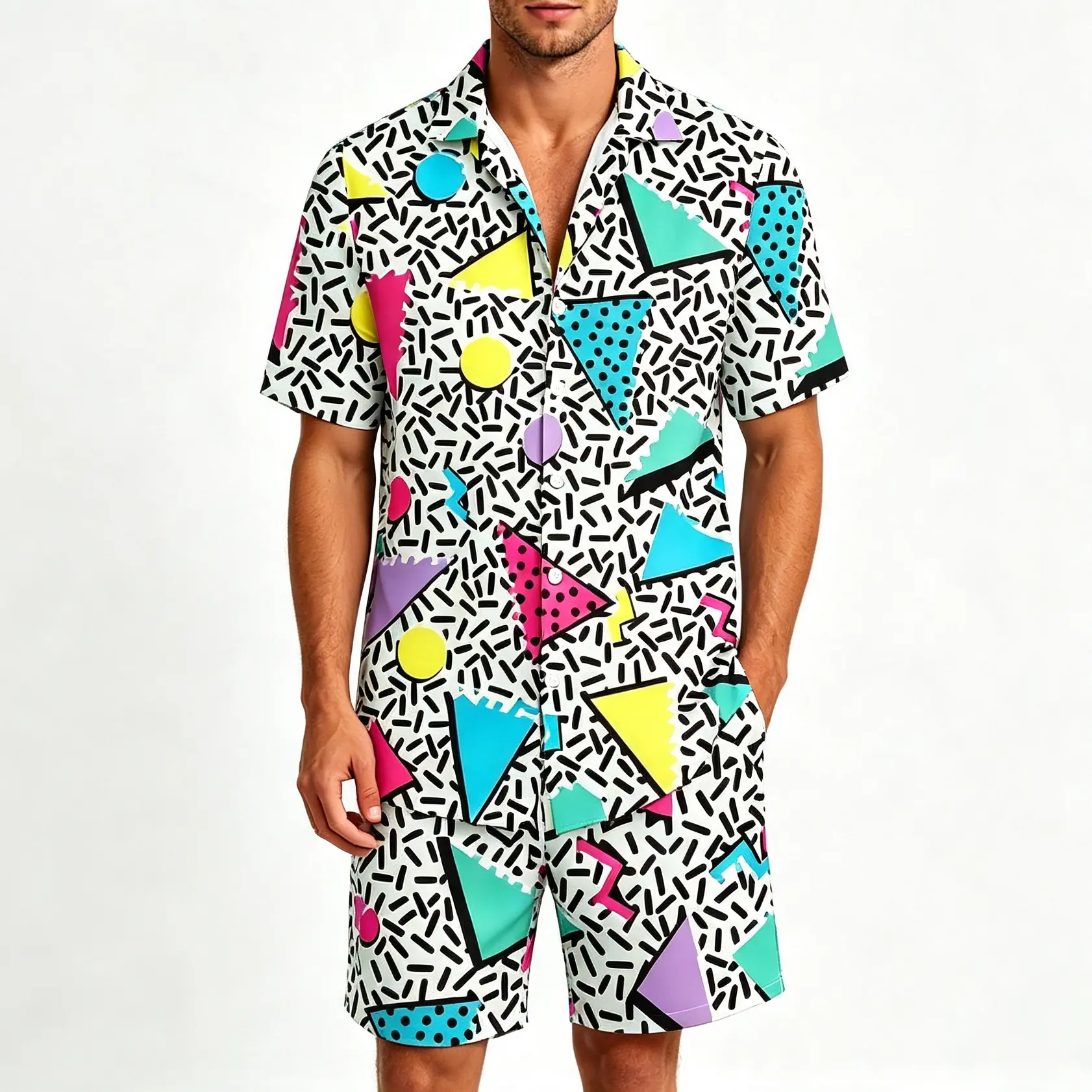 Men's Comfy Geometric Print 2-Piece Menswear Set - Short Sleeve Shirt & Pocketed Shorts, Retro Memphis Style, Polyester Fabric, Casual Vacation Beach Outfit, Sizes M-3XL