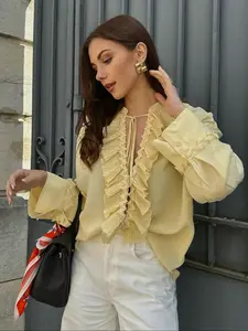 Vintage Bow Tie Women's Shirt, V Neck Pleated Long Sleeve Knot Butterfly Knot Shirt, Spring Summer Fashion Shirt