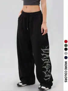 Women's Casual Sporty Long Pants, Letter Print Drawstring Loose-Fit Wide Leg Sweatpants, All-Season Fashionable Women's Clothing