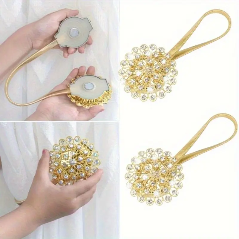 Set of 2 Decorative Crystal Curtain Holders, No Drilling Required, No Hooks Needed, Curtain Clips, Shimmering Crystal Flower Curtain Rings (Golden), Ideal for Home Office Windows, A Wonderful Gift for Friends And Family This Christmas