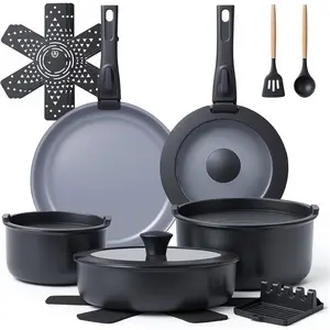 18 count Ceramic Pots and Pans Set Non Stick Kitchen Cookware Set with Detachable Handle, Non  Cooking Set with Removable Handle for RVs, Camping, Fridge, Dishwasher/Oven Safe