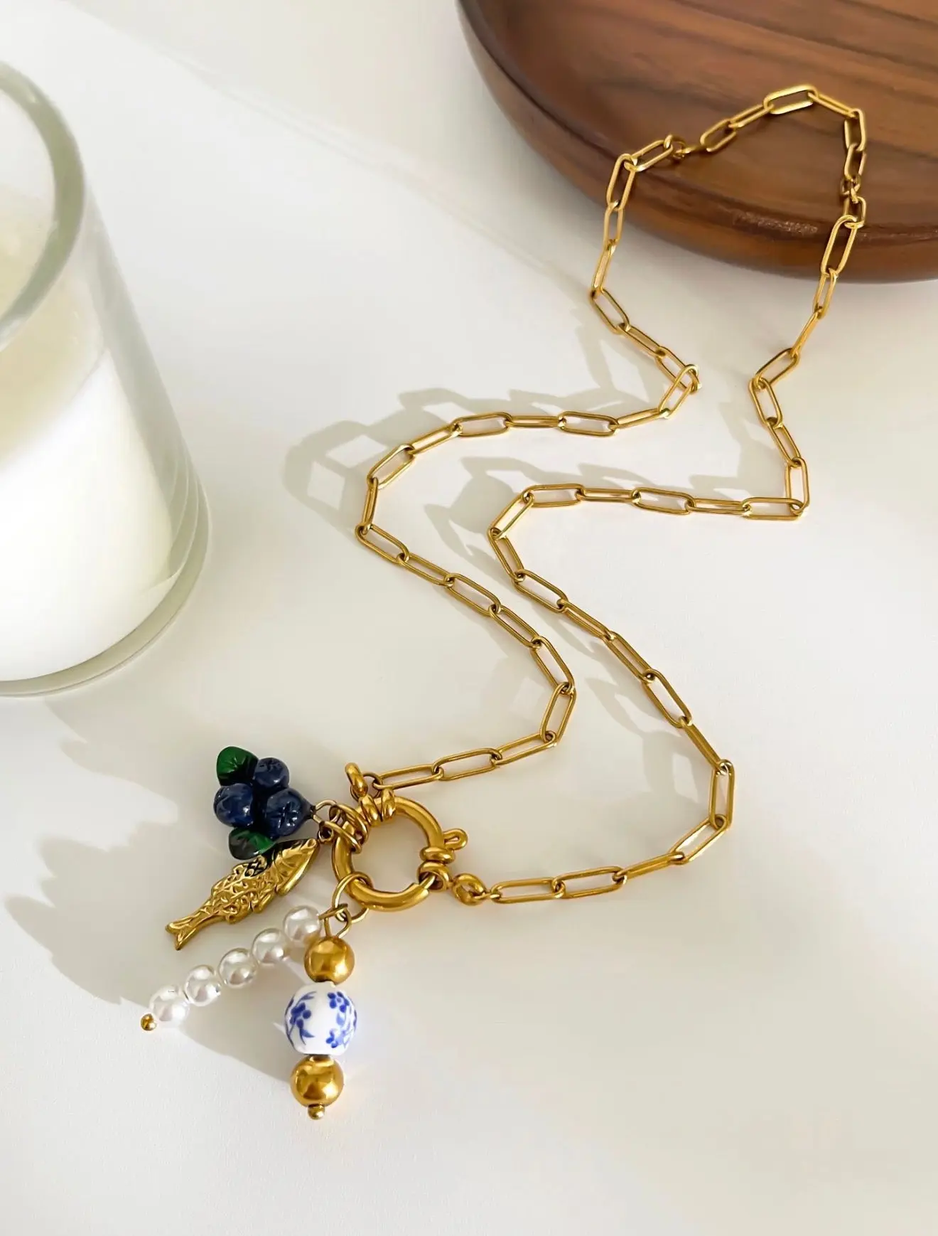 Women's Retro Portofino Fish Charm Necklace, 18K Gold-Plated Stainless Steel Paperclip Chain, Fruit Artificial Pearl Ceramic Pendant