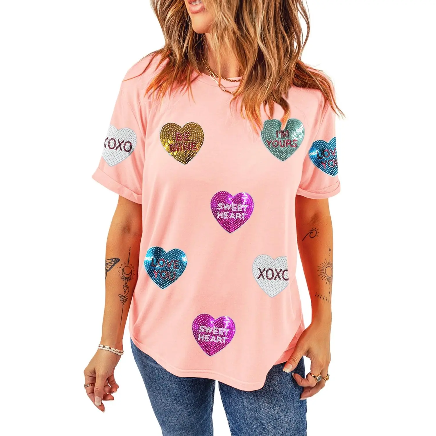 Women's Pink Graphic T-Shirt with Sequin Heart, Casual Short Sleeve Crewneck Top for Valentine's Day, Shortsleeve, Tshirt, Round Neck, Valentines Day, Short Sleeves, Heart Pattern, Sequin Fabric, Heart Graphics
