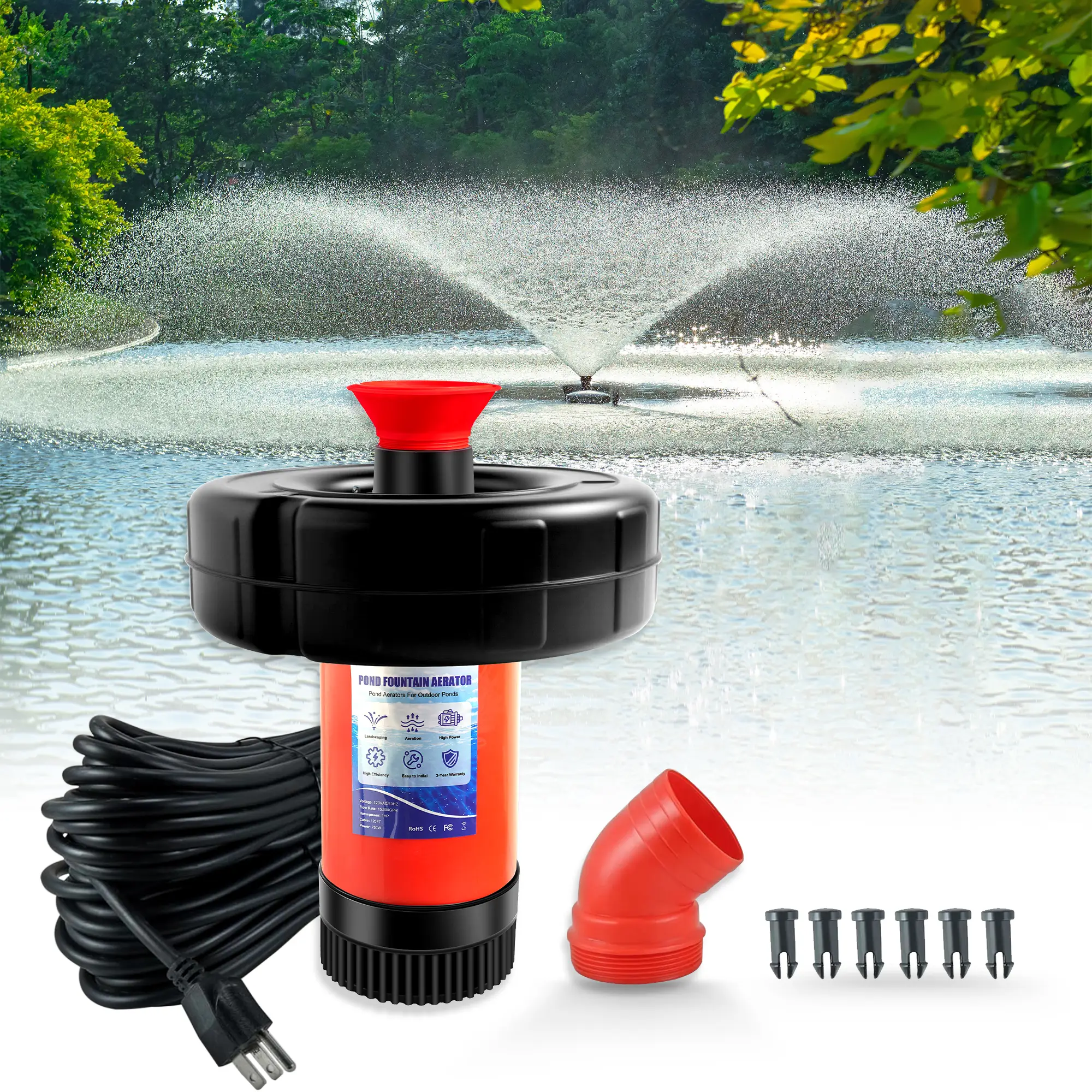 Pond Fountain Aerator 750W, 1HP 15000 GPH Floating Aerating Pump, 120ft Power Cord for Small & Large Ponds & Lakes (120V)