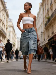 Young Trendy Women | Street/Music Festival Outfit | Double Waistband Fake Two-Piece Distressed Denim Skort | Washed Ripped Raw Edge | Y2K Vintage Street Style | Eye-Catching Fashion Bottoms