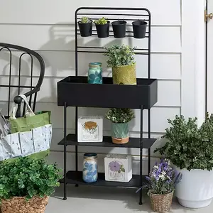 Black Metal Outdoor Planter Station Garden Potting Bench Plant Stand Patio Storage Shelf Rustic Industrial Flower Display Rack for Balcony Porch Backyard Greenhouse Indoor Outdoor Decor