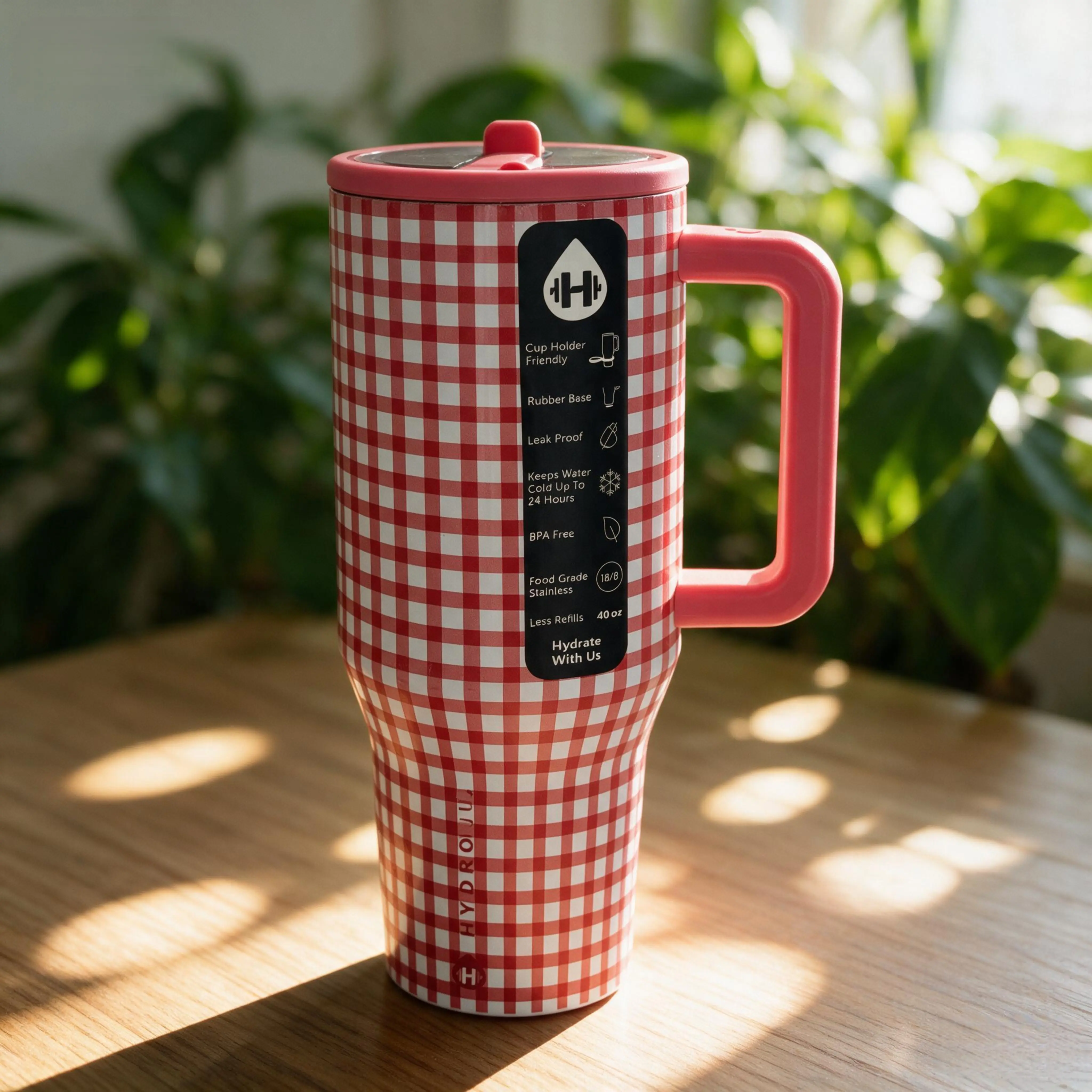 Hydrojug Red & White Gingham 40 OZ Vacuum Insulated Tumbler with Handle & Flip Lid, Large Capacity Stainless Steel Car Tumbler, Reusable Thermal Coffee Cup for Picnic Travel Gym