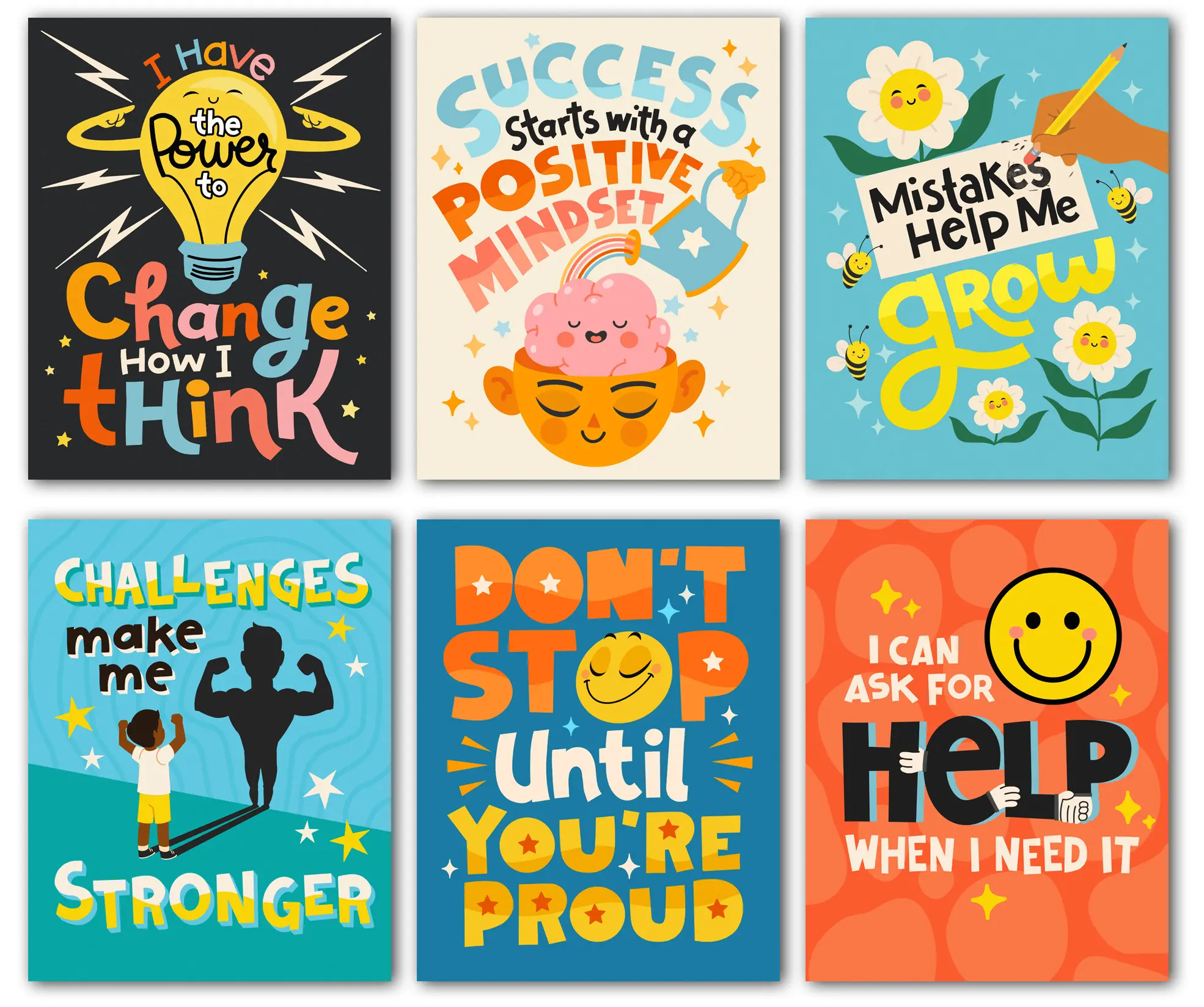 HoneyKICK Growth Mindset Cardstock Posters - 6-Piece Educational Wall Art Set, 11x14 Fade-Resistant Inks Decor for Teachers, Parents, Corporate Trainers & Counselors, Classroom Culture Builder