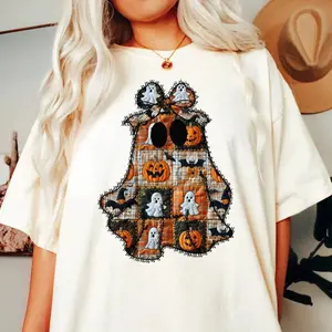 FEEGO Ghost Patchwork Halloween Tee - Comfort Colors Unisex Apparel Relaxed Fit Printed In The USA Clothing Womenswear Casual Comfort Cotton Top Athletic Boho Chic  heavyweight Crewneck  Chrome Cross Tee Funny Thanksgiving T-Shirt