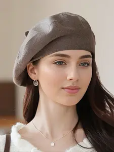 Women's Knitted Wool Beret Hat, Fall Winter Fashionable Beanie Cap, Korean Style Large Head Circumference, Face-Slimming Design