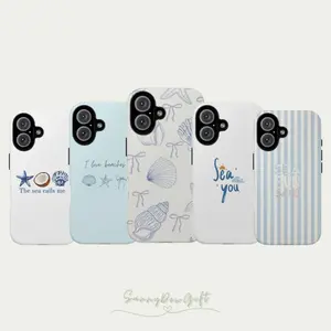 Blue Bows, Sea Shells, Beach Vibes Magsafe Phone Case Lover Stripes Cover for iPhone17 16 15 14 Pro Max