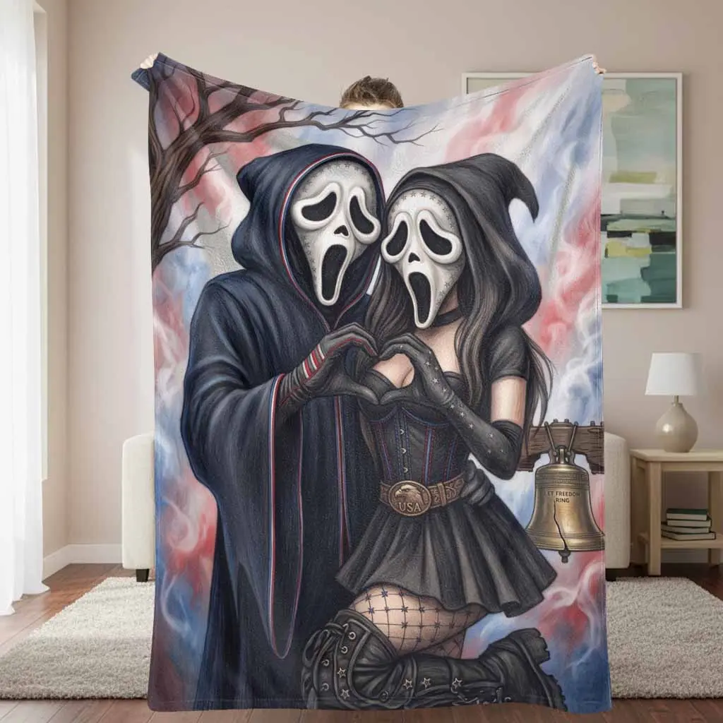 Patriotic Mask Couple Flannel Blanket American Flag Liberty Bell Print Soft Lightweight Plush Throw Cozy Warm Microfiber Bedding Perfect For Living Room Sofa Couch Travel Camping Holiday Gift