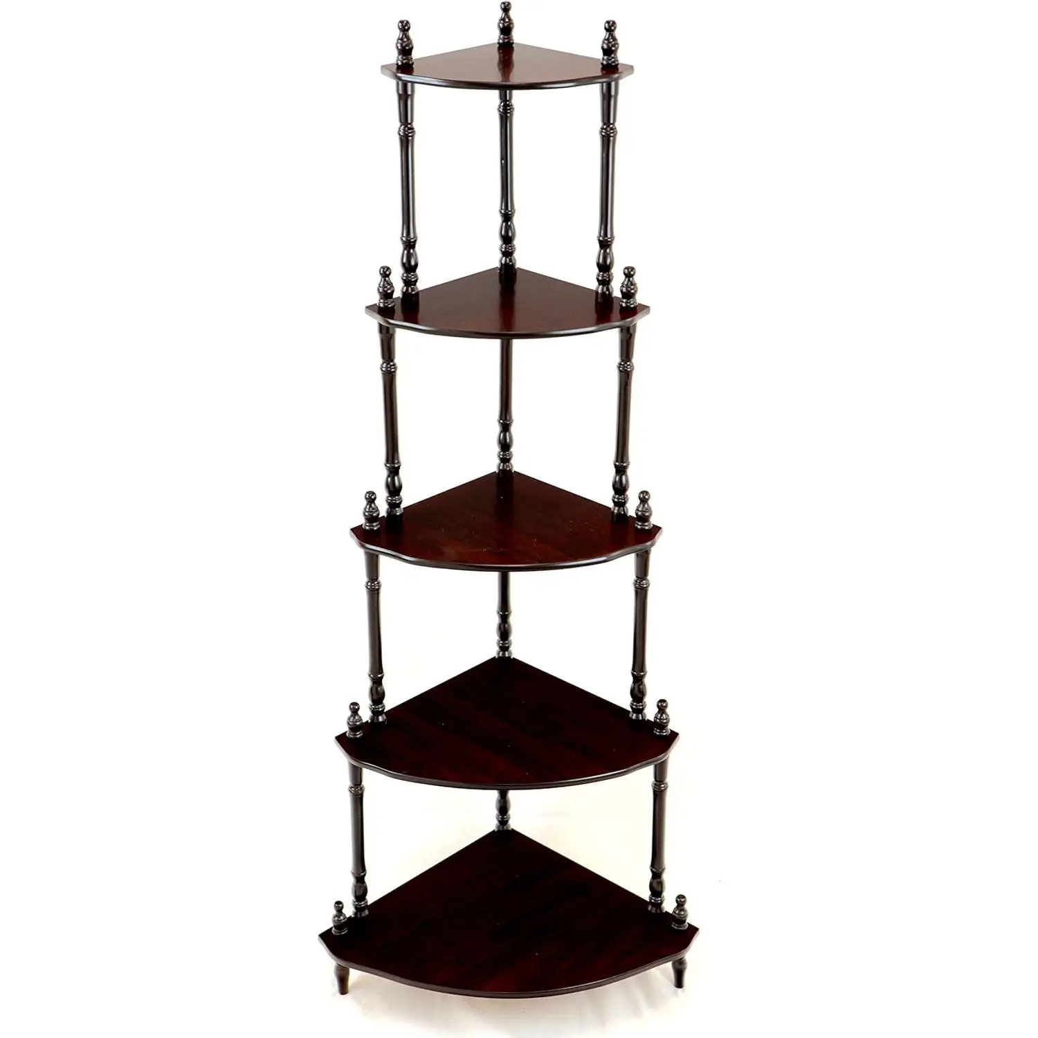 Frenchi Home Furnishing 5-Tier Antique Durable Corner Shelf - Accent Shelf for Display Items, Dark Cherry Decorative Room Decor, Home Supplies