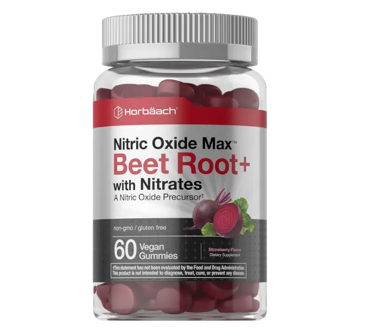 Horbäach Nitric Oxide Beet Root Gummies | 60 Count | with Nitrates | Strawberry Flavor | Vegan, Non-GMO, Gluten Free Supplement