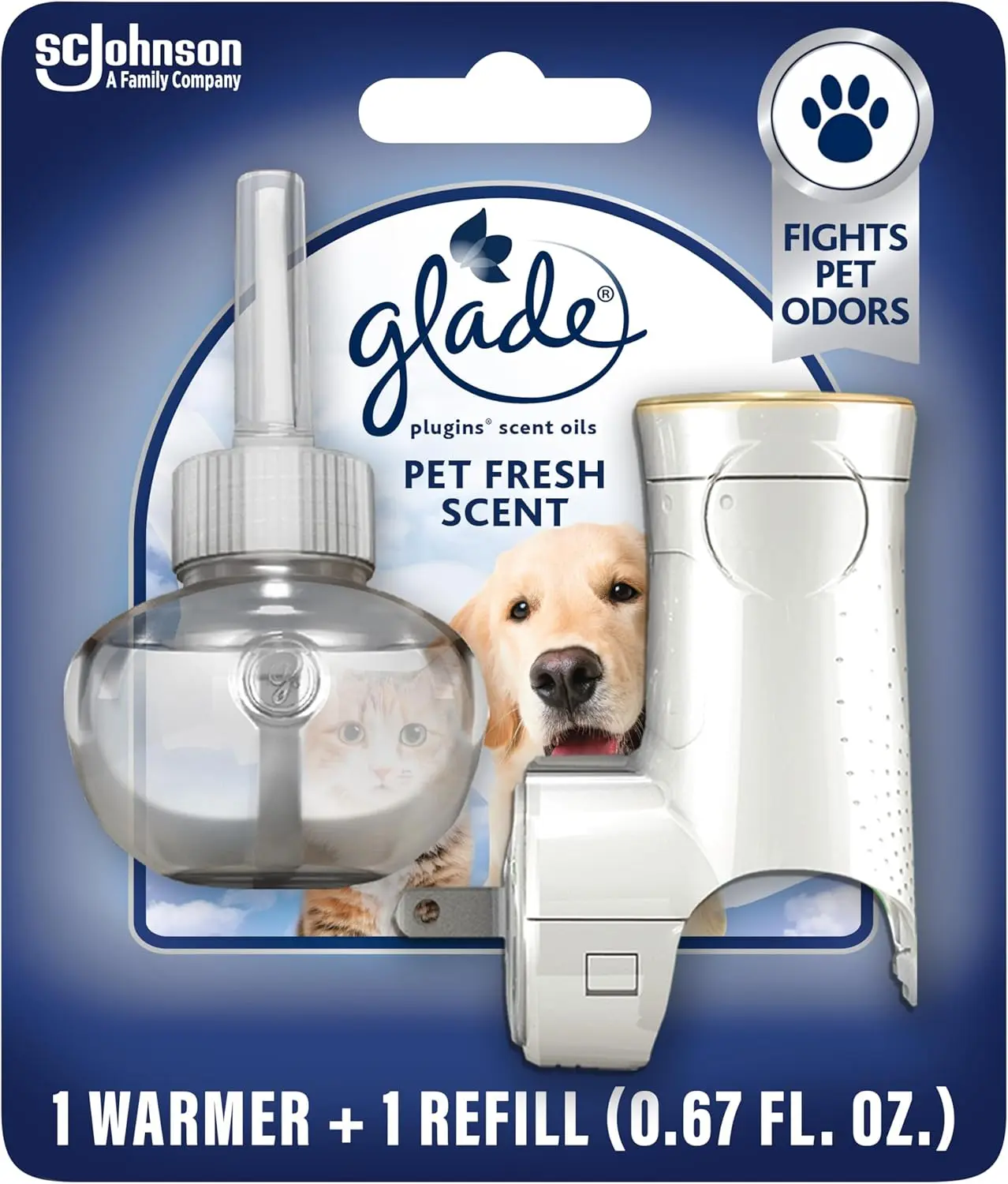 PlugIns Refills Air Freshener Starter Kit, Pet Fresh Scent, Scented and Essential Oils for Home and Bathroom, 0.67 Fl Oz, 1 Warmer + 1 Refill