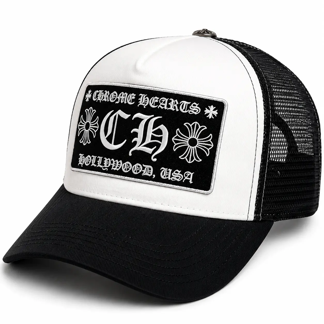 Chrome Hearts CH Trucker Hat - White & Black Mesh Design with Bold Logo Patch - Perfect for Streetwear Enthusiasts