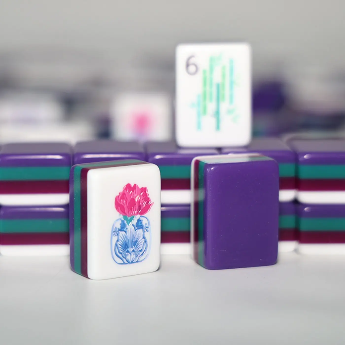 Luxurious Bright Mahjong Game Set _ Deep Purple and Teal Acrylic Tiles _ Artisan Asian Mythology Art Designs _ Creative Board Game Perfect Gift