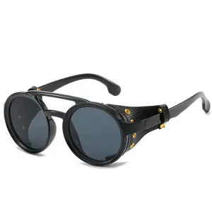 Polarized Round Steampunk Sunglasses, Retro Double Bridge Shield Eyewear With Leather Side Design, Light Plastic Frame Vintage Fashion Shades, Unisex Classic Stylish Accessories Suitable for Daily Wear, red night vision goggles