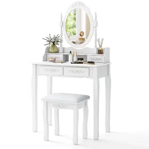 Makeup Vanity Set with Mirror & Stool for Girls, Vanity Table and Cushioned Stool Set with 4 Drawers, Wood Dressing Table for Bedroom