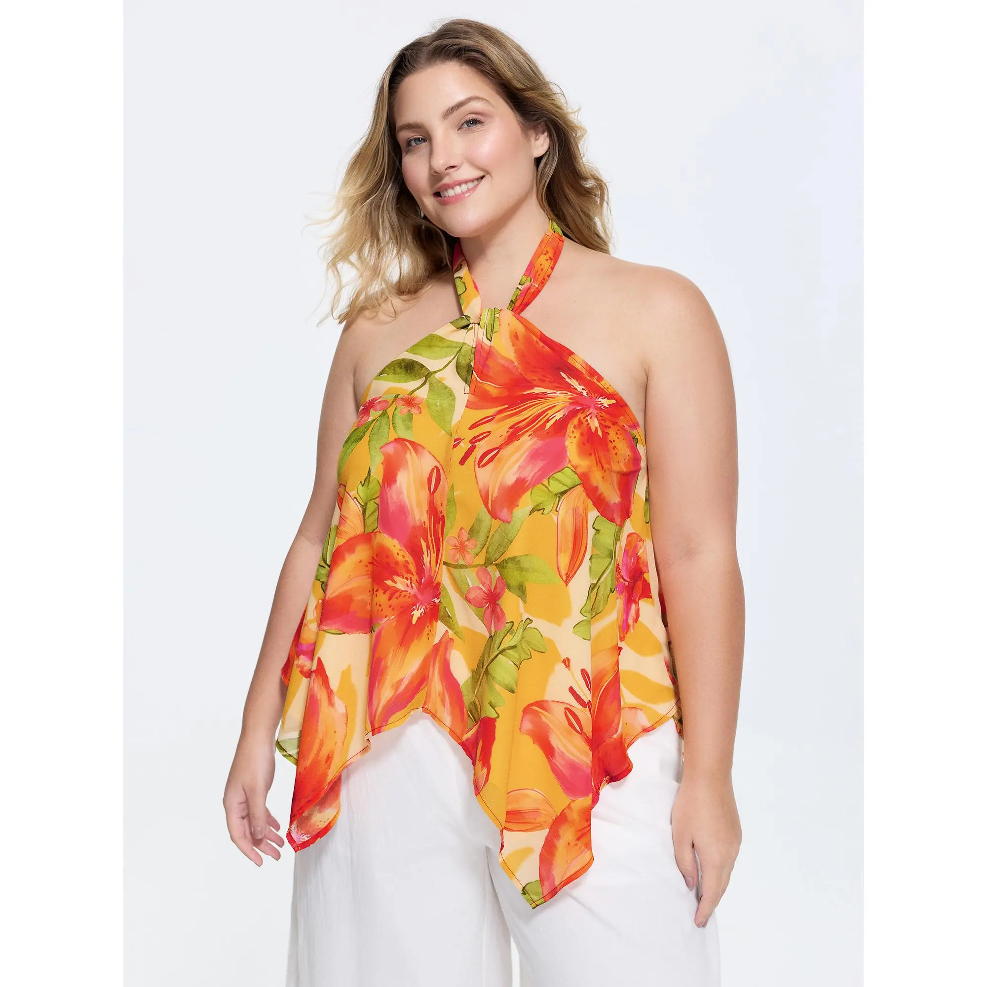 BLOOMCHIC Women's Plus Size Halter Neck Vibrant Floral Print Polyester Tank Top - Polyester Shell, Bowknot, Handkerchief Hem, Sleeveless, Comfy, Breathable, Casual, Bohemian, Flowers, Resort Look, Sizes M-6X, 2026 Summer Coral Womenswear, Regular Length,,