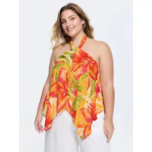 BLOOMCHIC Plus Size Vibrant Floral Print Tank Top with Handkerchief Hem [M–6X], 2026 Summer Vibes