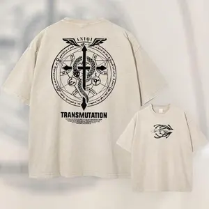 Vintage Fullmetal Alchemist T Shirt Men Retro Anime Acid Wash Tee Harajuku Streetwear Short Sleeve Graphic Top Unisex gothic casual