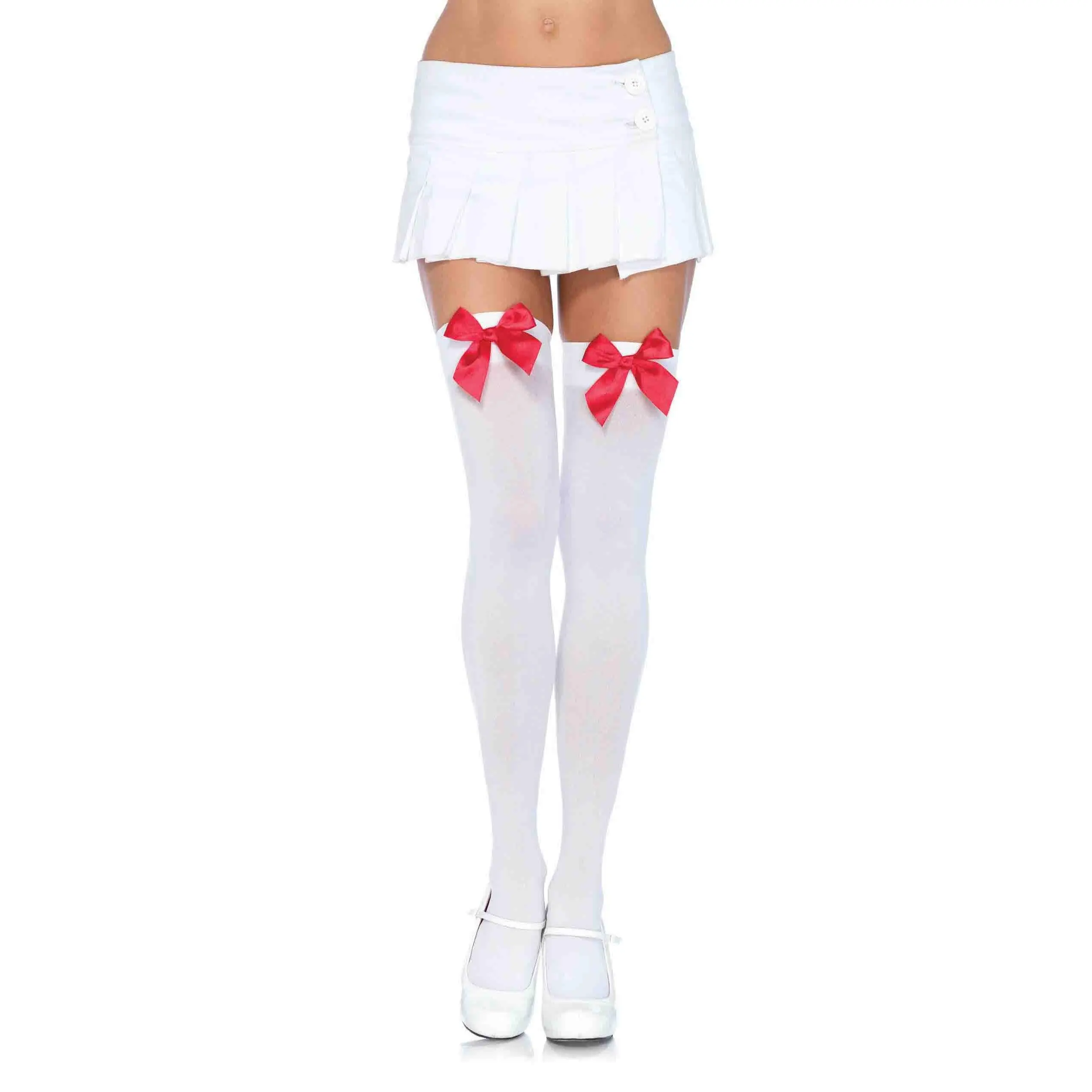 Leg Avenue Nylon Over the Knee Socks – White with Red Bow