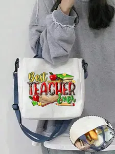 Teacher Handbag with Detachable Shoulder Strap, Canvas Material, Fashion Design, Floral Letter Pattern, Large Capacity, Reusable, Unisex