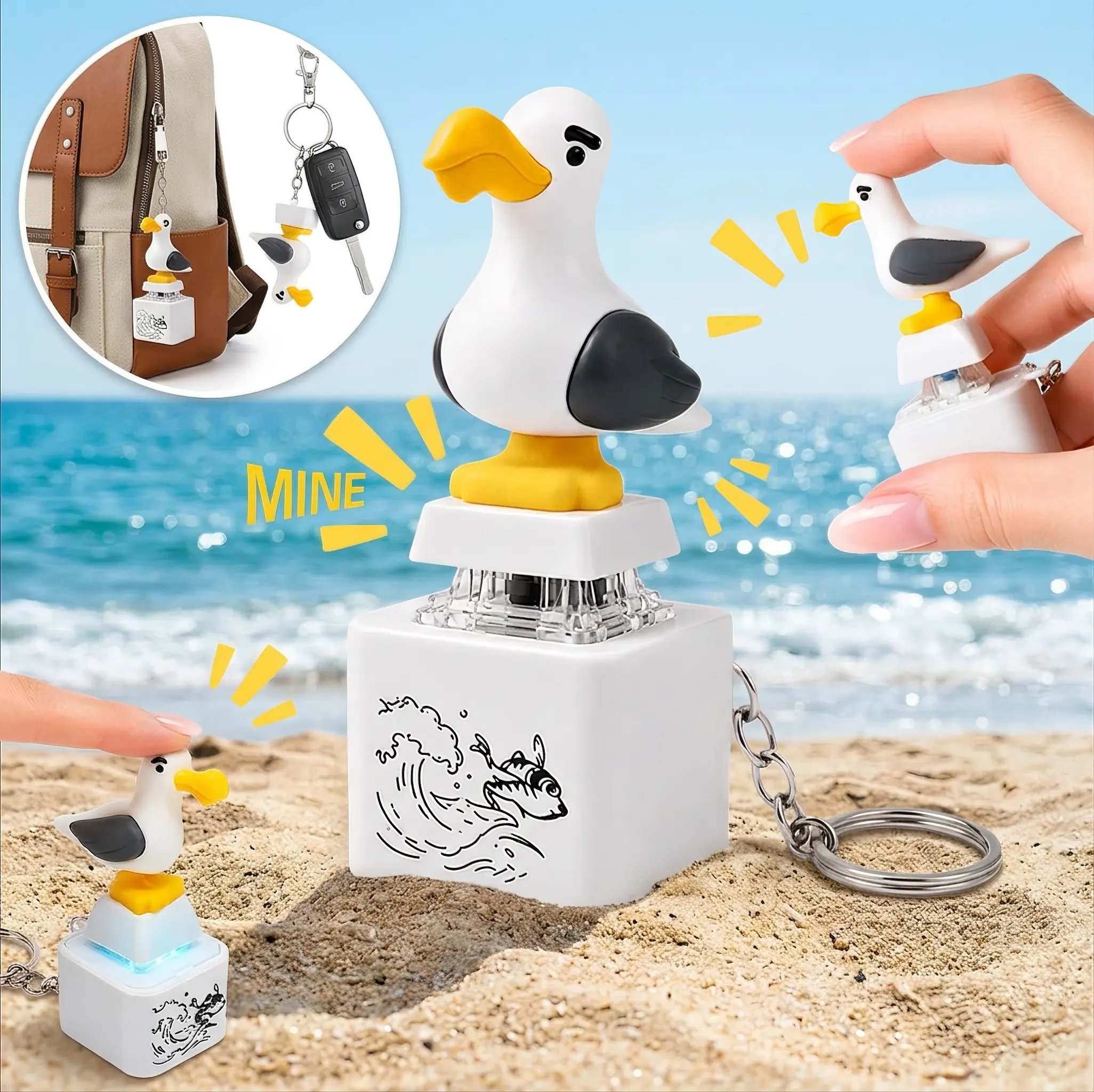 Novelty Prank Seagull Sound Button Keychain, LED Glowing & Real Voice Interactive Fidget Key Ring, Fun Gag Gift for Adults Teens Family Birthday Holiday