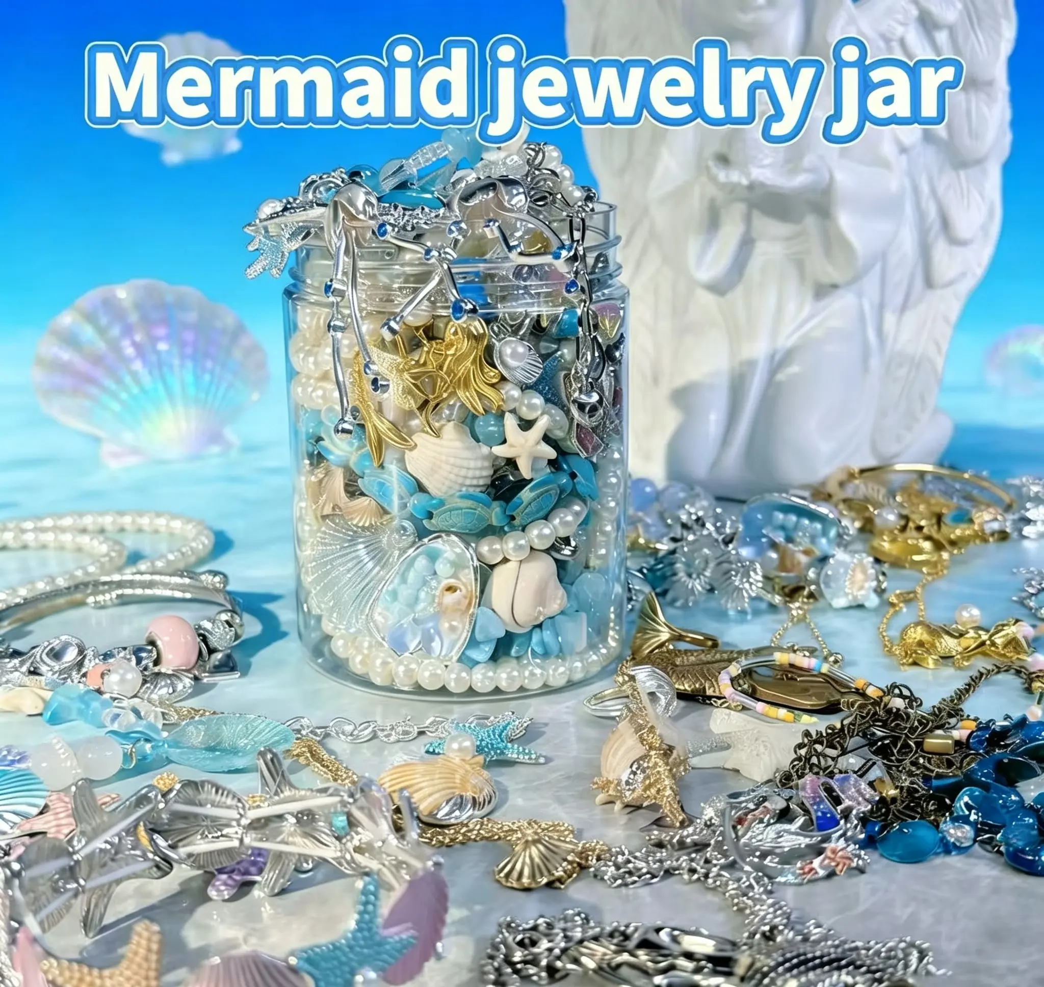 20pcs Mermaid Mystery Plastic Container - Beachy Ocean Mix Jewelry Set with Adjustable Bracelet, Starfish Accents, Mystery Jewelry Jar Storage Pack Collectors Bundle Box