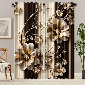 2Pcs Elegant Floral Embossed Design Curtains - Polyester Textiles, translucent, with gold and brown floral patterns, perfect for modern bedroom decor, easy to maintain, machine wash, stylish curtains | Elegant Curtains  Living Room Curtains