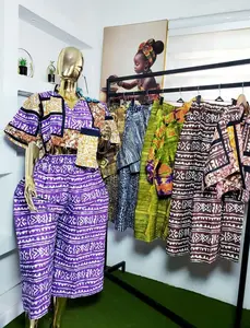 Ify Wide-Leg Ankara Two-Piece Set Purple and Mustard Print Cropped Top with Front Zipper High-Waisted Trousers for Casual Outings