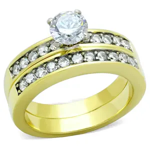 6x6mm Round Cut CZ Gold IP Stainless Steel Wedding Ring Set