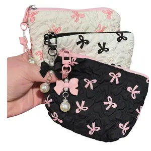 Bows on Makeup Bag - White, Pink, Black with Bag Charm - Includes Bows for Stylish Presentation, coquette