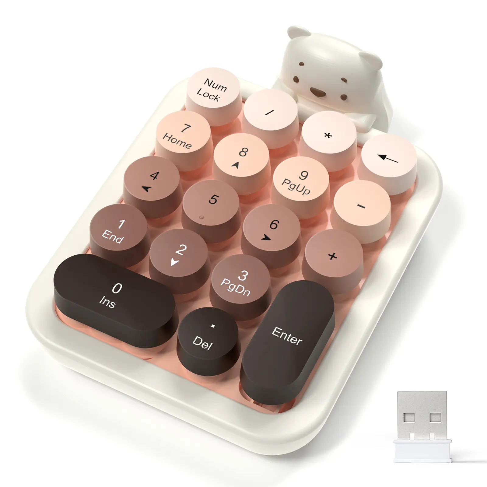 FELICON Cute Wireless Numeric Keypad with Silicon Bear,18-Key Colorful Round Keycaps,Ergonomic,2.4GHz Wireless Connection,Portable Financial Accounting Numpad Membrane Keyboard for PC,Laptop