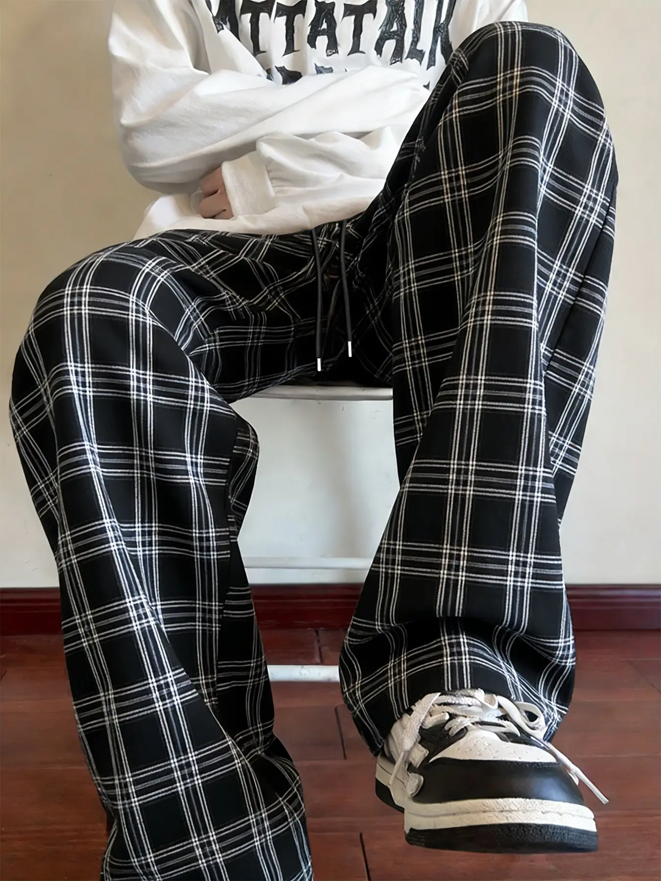 Men's Y2K Gingham Loose Wide Leg Pants, Vintage Worn Look Checkered Long Pants, Casual Comfortable Streetwear, Casual Streetwear Trousers, Casual Street Style
