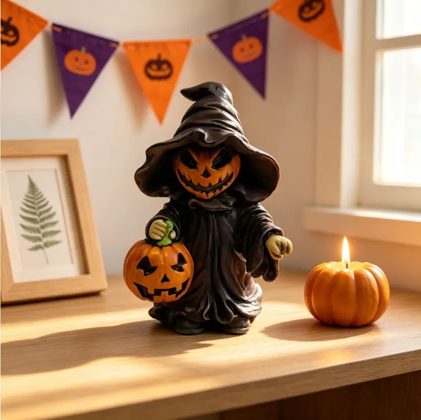 Spooky Halloween Witch Pumpkin Gnome Figurine - Resin Jack-O'-Lantern Statue with Broom, Hat - Home , Desk Ornament for Goth & Creepy Cute Enthusiasts garden decor supply funny decoration sculpture outdoor lawn