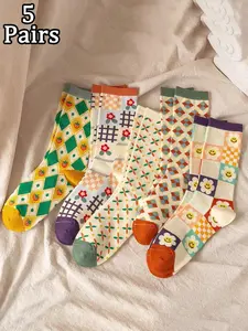 5 Pairs Vintage Style Mid-Calf Socks, Plaid and Print Design, Comfortable and Soft, Perfect for Daily Wear or Retro Look, Cute Girl Socks