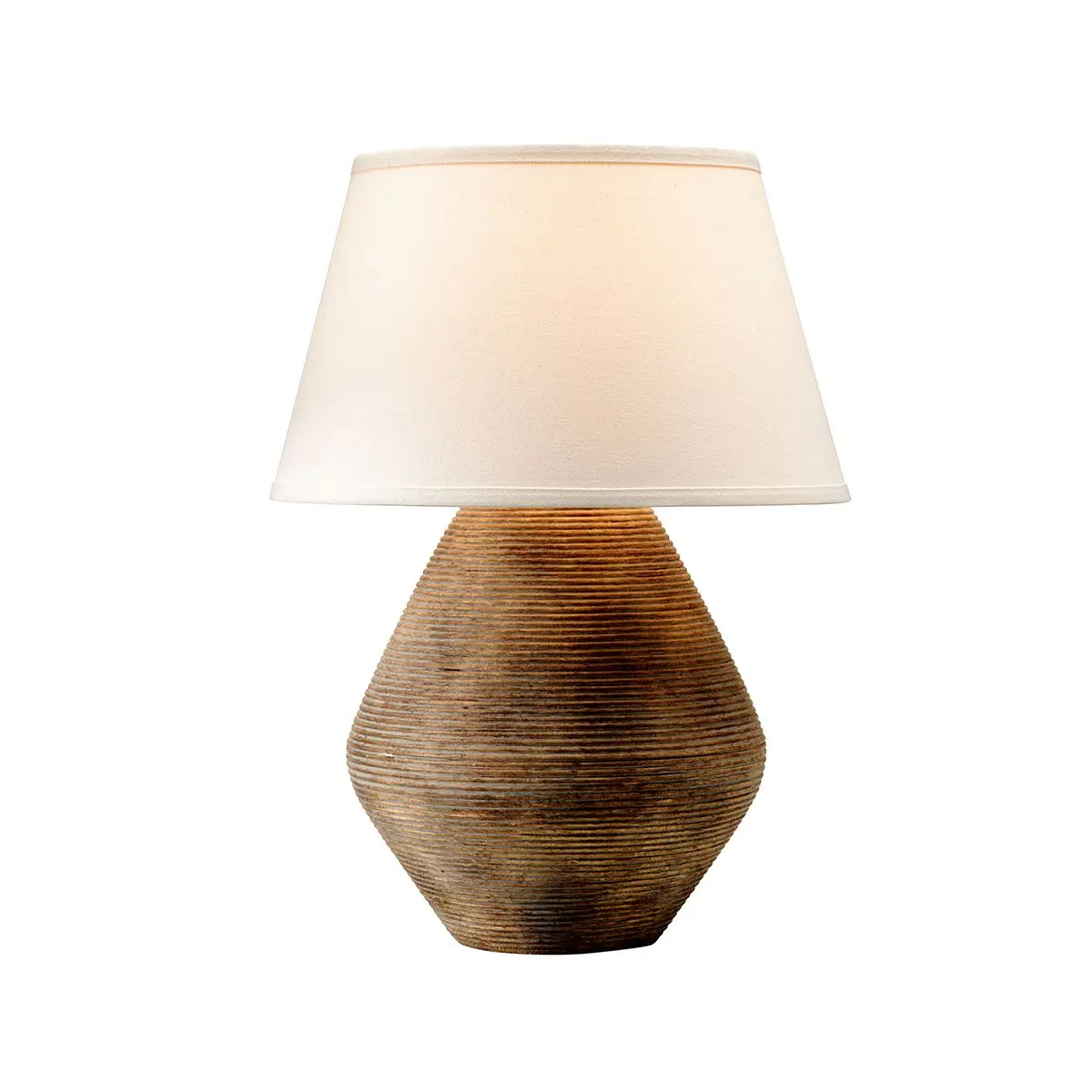 Calabria Reggio Table Lamp With Elegant Off-White Linen Shade And Aged Textured Base