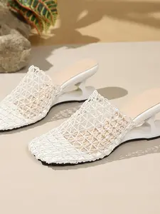 Mesh Hollow Out Mules, Square Toe Asymmetrical Heel Outdoor Slip-On Half Sandals for Women, Stylish and Comfortable Footwear