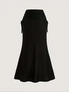 Women's Plain Ruched Adjustable Drawstring Side Mermaid Skirt, Dressy Chic Elegant Solid Color Skirt for Party Holiday Wedding Guest, Ladies Bottoms for All Seasons Fit