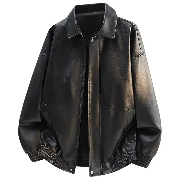 Men’s regular-fit solid-color leather jacket with zipper pockets, casual long-sleeve turn-down collar outerwear, fashionable men’s everyday wear jacket