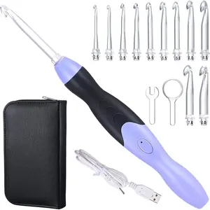 11 Sizes Winter Lighted Crochet Hooks Set Rechargeable Crochet Hook Light up Hooks with Case, Interchangeable Heads 2.5 mm to 8 mm for DIY Craft Supplies(Purple-Black)