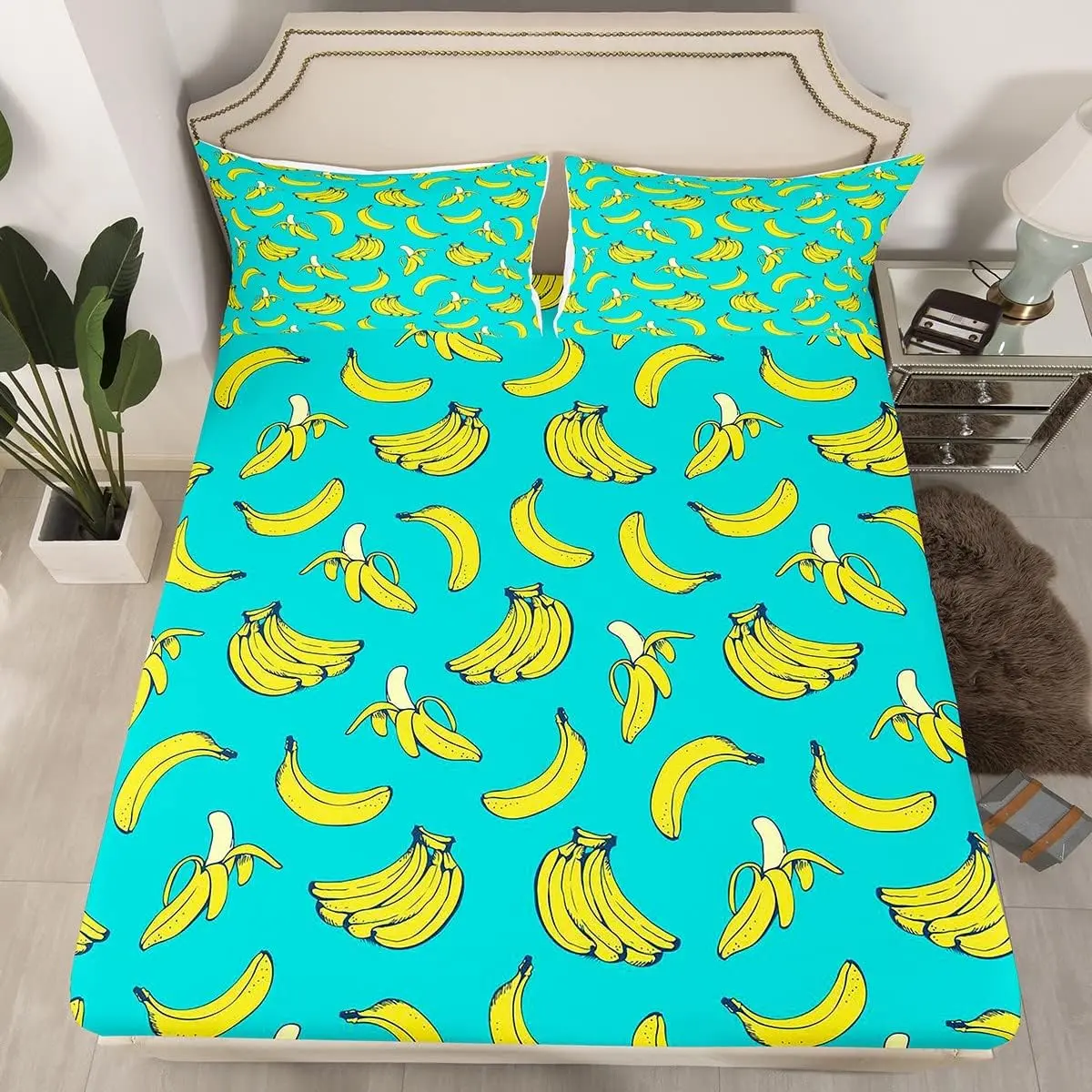 Feelyou Microfiber Bed Sheets Set - Tropical Vibrant Cartoon Banana Print, Deep Pocket Elastic-Fit Bright Cozy Artistic Character Fitted Sheet, Soft Twin/Full/Queen Size Luxury Bedding for Any Room, Bright Fitted Sheets, Cozy Fitted Sheets