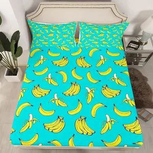 Cartoon Banana Fitted Sheet,Tropical Fruit Bedding Sets, Delicious Banana Fruit Print Bedding Luxury Bed Sheet Set,Soft Twin Full Queen Size Bed Cover