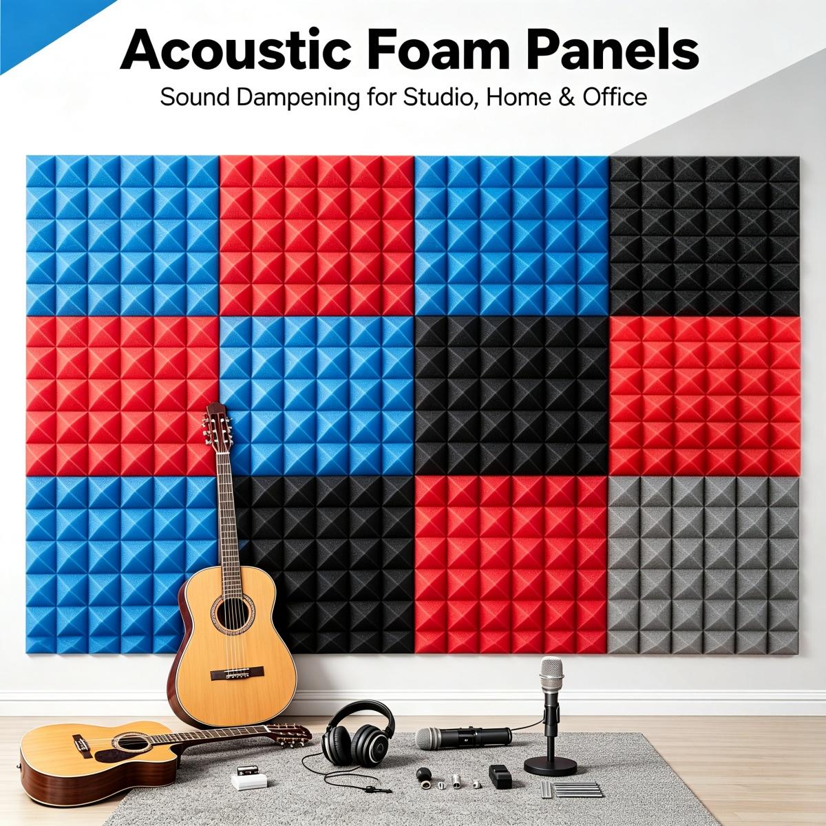 12x12x2 Inch Pyramid Acoustic Foam, 25kg/m³ High Density Soundproof Foam Panels, Fire Resistant Noise Dampening Sound Absorption Panels, Wall & Ceiling Acoustic Treatment Foam for Studio, Home & Meeting Room, 12-24 Pack